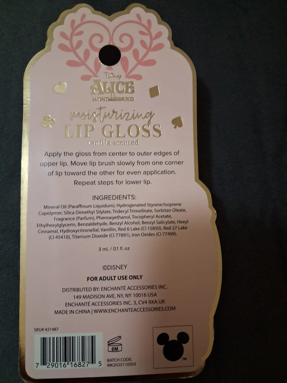 Disney Alice in Wonderland Pink and Gold Moisturizing Lip Gloss